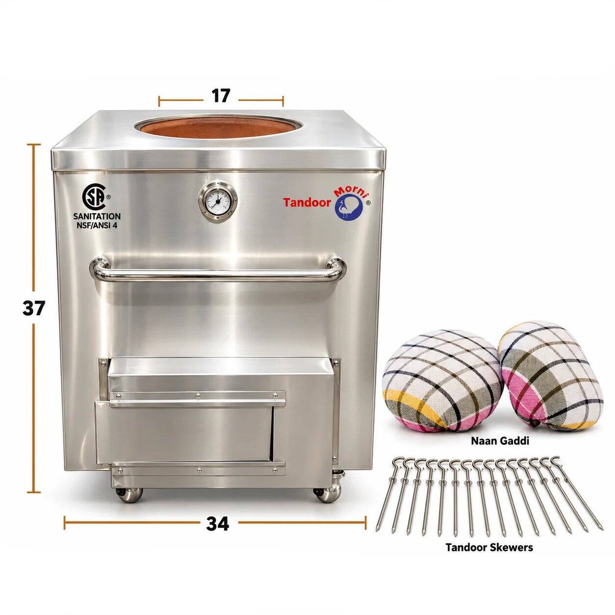 Natural Gas Tandoor Oven, 34x34 commercial stainless steel model by Tandoor Morni, 34x34x37 inches overall with a 17 inches top opening and terracotta clay pot, CSA Sanitation NSF/ANSI 4 certified, shown with Tandoor Oven Naan Gaddi AS09 and Tandoor Skewers & Shish Kebab Skewers For Sale — Flat Metal Grilling Rods AS04