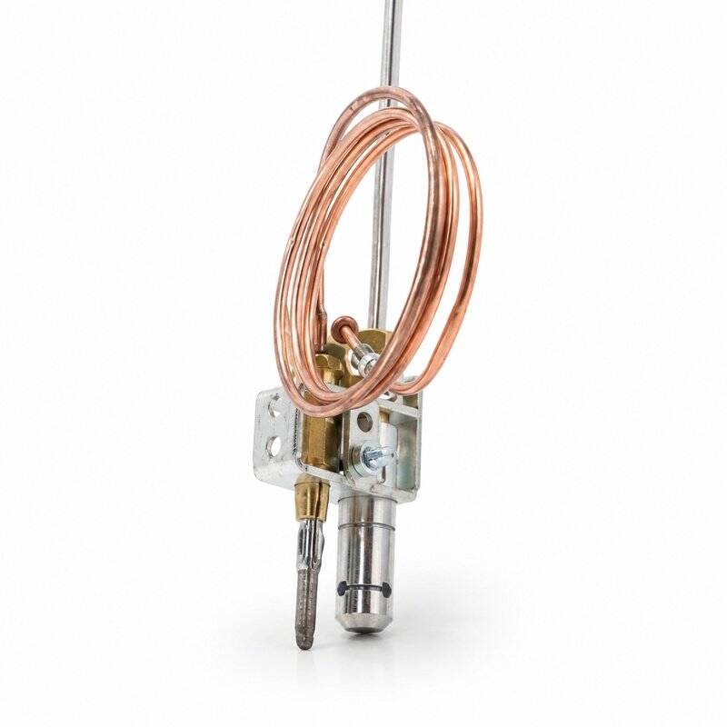 gas-tandoor-pilot-assembly-AS13-bracket-close-up-angled Gas Tandoor Pilot Assembly AS13 – close-up angled view of the pilot assembly bracket section on white background, showing the coiled copper thermocouple capillary tube, brass pilot gas jet, stainless steel pilot nozzle tube, igniter electrode with pointed tip, steel L-bracket mounting plate with bolt holes, and zinc-plated adjustment hardware, with the long stainless steel pilot tube rising out of frame at the top