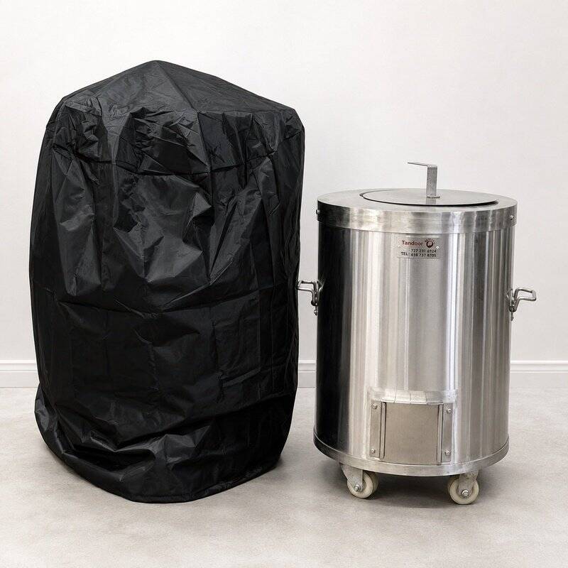 tandoor-cover-AS14-size-comparison-with-uncovered-tandoor Tandoor Cover AS14 – studio shot on white background showing the black tandoor cover standing upright on the left next to an uncovered stainless steel cylindrical Morni tandoor oven on casters on the right, demonstrating the cover's size relative to the oven it is designed to protect