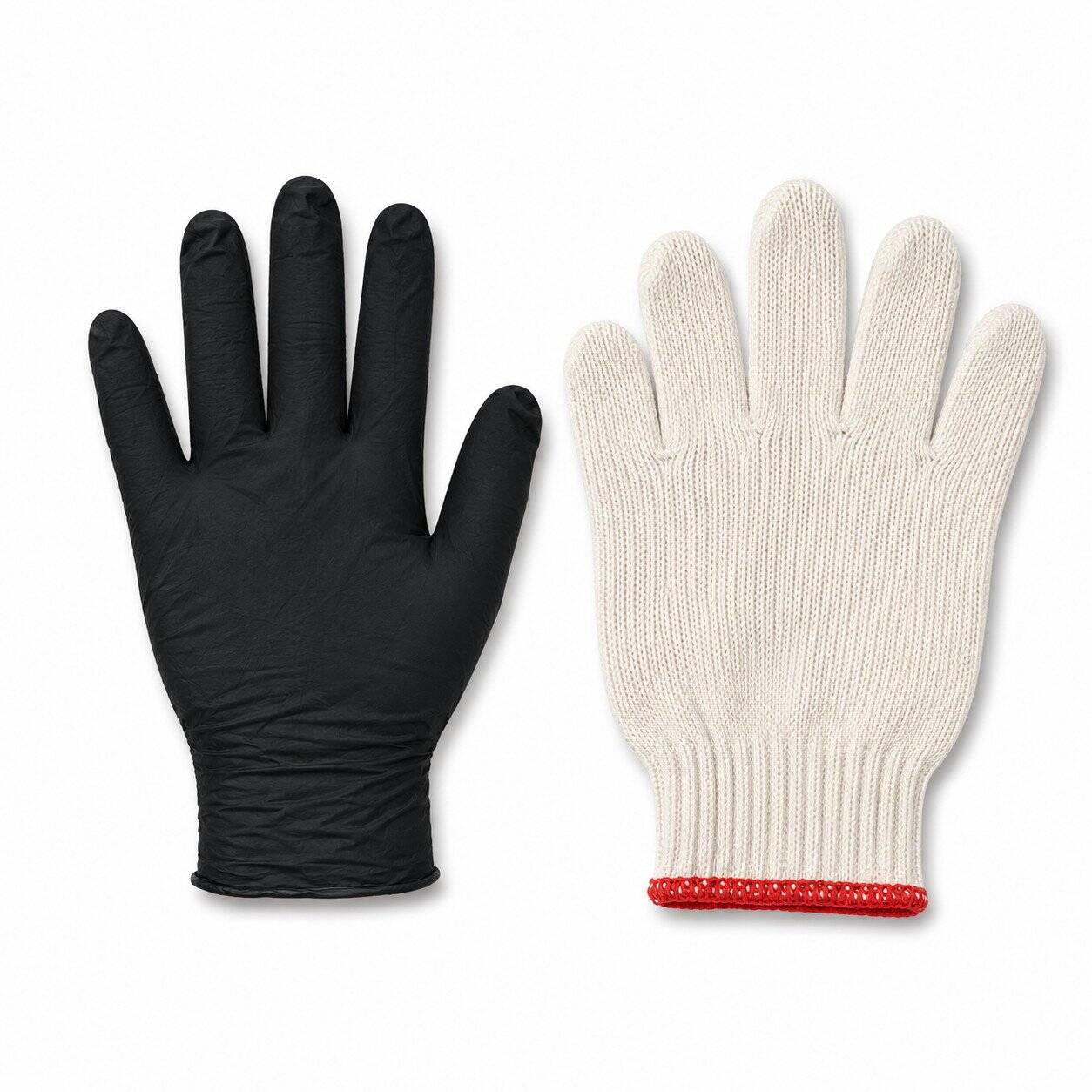 tandoor-heat-resistant-gloves-AS15-both-layers-flat-lay-tight Tandoor Heat Resistant Gloves AS15 – close flat-lay on white background showing both glove layers side by side: the black nitrile outer glove on the left and the cream cotton knit inner heat-resistant liner with red trim cuff on the right, clearly showing the two-layer system that provides heat and hygiene protection during tandoor use