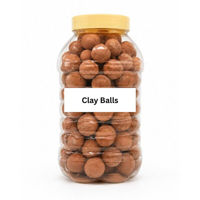 Tandoor Oven Clay Balls AS07 – large clear plastic jar with gold lid filled with terracotta clay balls, showing white label reading Clay Balls, on white background