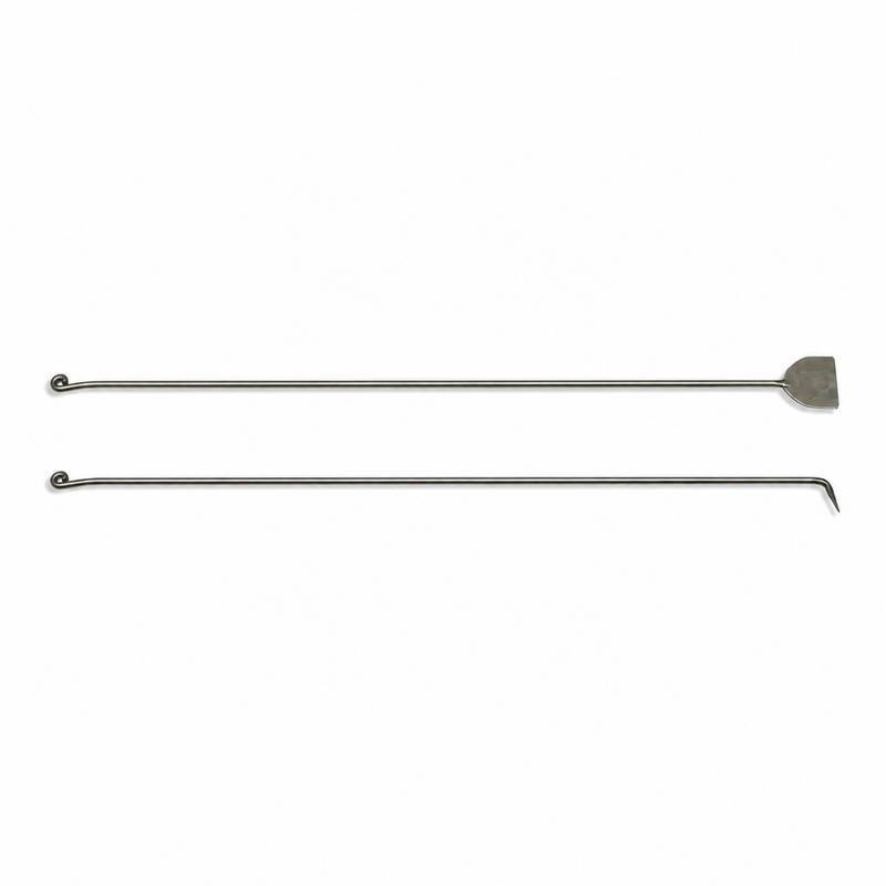 Tandoori Naan Rod Pair AS03 – title product image showing both long stainless steel naan rods laid side by side on white background; top rod has a flat spatula blade tip for lifting naan, bottom rod has a pointed hook tip for detaching naan from tandoor walls, both with coiled loop handles at the opposite end