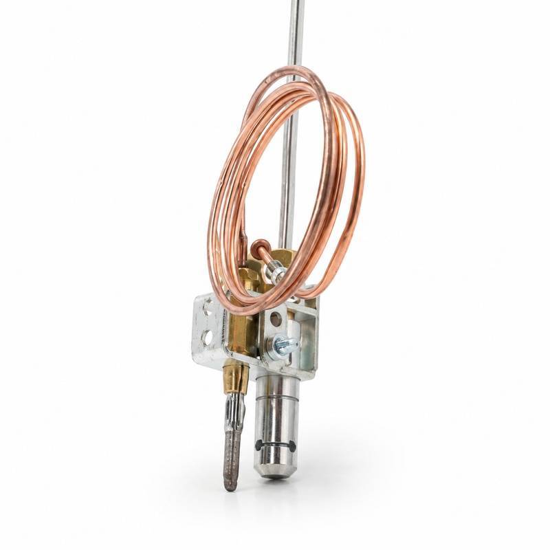 gas-tandoor-pilot-assembly-AS13-bracket-close-up-angled Gas Tandoor Pilot Assembly AS13 – close-up angled view of the pilot assembly bracket section on white background, showing the coiled copper thermocouple capillary tube, brass pilot gas jet, stainless steel pilot nozzle tube, igniter electrode with pointed tip, steel L-bracket mounting plate with bolt holes, and zinc-plated adjustment hardware, with the long stainless steel pilot tube rising out of frame at the top