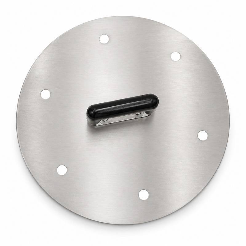 Stainless Steel Tandoor Oven Lid AS11 – straight top-down view of the round stainless steel tandoor oven lid on white background, showing the full brushed steel disc surface, centrally mounted black heat-resistant bar handle with stainless steel brackets, and six evenly spaced round ventilation holes
