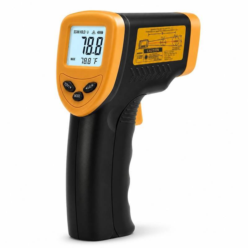 tandoor-digital-thermometer-gun-AS16-display-straight-angle Tandoor Digital Thermometer Gun AS16 – straight-on angled view of the orange and black infrared thermometer gun on white background, showing the illuminated LCD display reading 78.8 Degree F with MAX temperature hold, SCAN HOLD mode indicators, control buttons including MODE, temperature unit toggle, and alarm buttons, and the yellow laser caution label on the side
