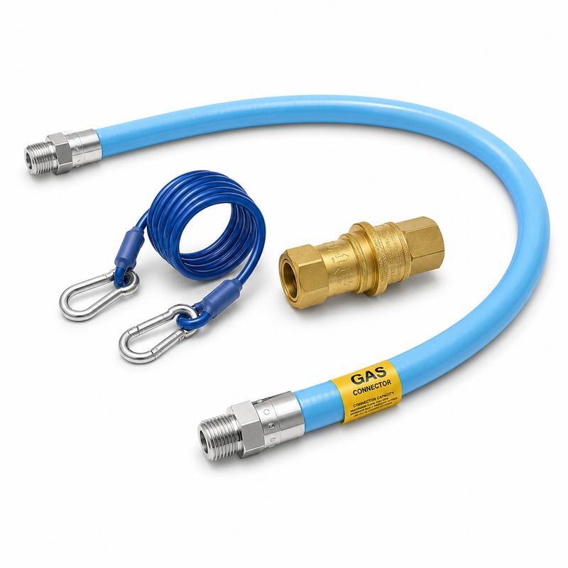 tandoor-gas-hose-AS01-full-kit-overview-angled Tandoor Gas Hose AS01 – full commercial gas connector kit showing blue flexible gas hose with stainless steel male fittings, brass quick disconnect coupling, and blue restraining cable with carabiners, all components laid out together