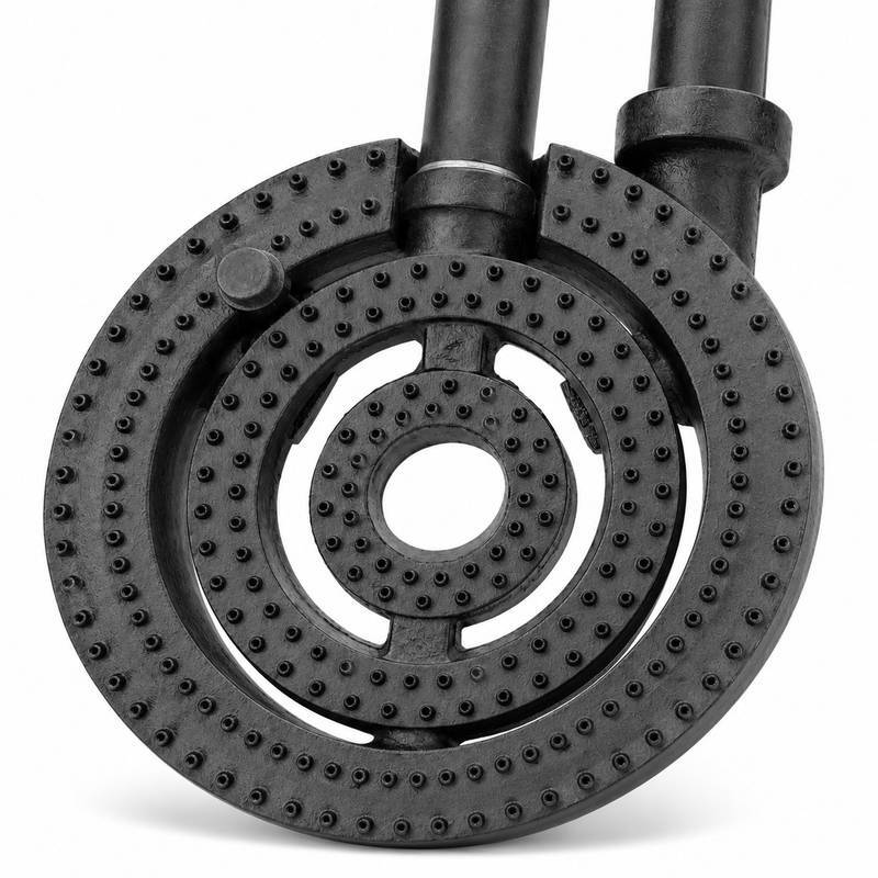 tandoor-oven-burner-AS06-top-view-close-up-angled Tandoor Oven Burner AS06 – close-up angled top view of cast iron triple-ring burner showing hundreds of precision-drilled gas holes across three concentric rings, dual gas inlet pipes, and centre hollow opening, on white background