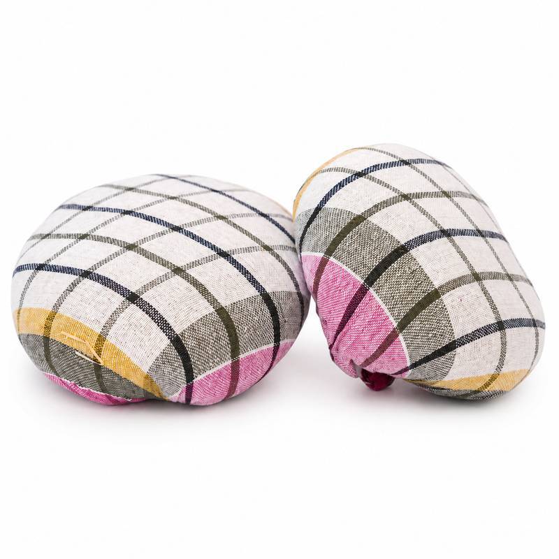 Tandoor Oven Naan Gaddi AS09 – pair of dome-shaped naan gaddi cushions side by side on white background, showing multicolour plaid woven fabric in cream, olive, pink, mustard, and navy check pattern, with gathered fabric tie at the base of each gaddi