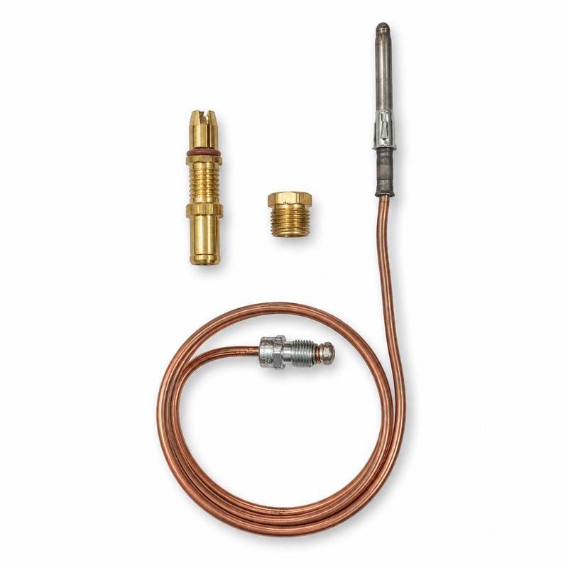 tandoor-thermocouple-AS12-full-unit Tandoor Oven Thermocouple AS12 – flat-lay on white background showing the thermocouple probe and copper capillary tube with compression fitting, laid alongside the brass bullet-nose adaptor with red O-ring seal, brass hex reducing nut, and the stainless steel mounting clip, all individual components separated for clear identification