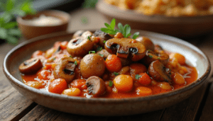 mushroom bourguignon vegetarian recipe banner image