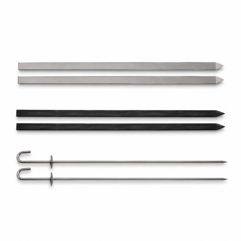 Tandoor-Skewers-AS04-Three-Types-Flat-Black-Silver-Round-Hook-Comparison Three types of Tandoor Skewers shown side by side on a white background — two silver flat skewers at top, two black flat skewers in the middle, and two round stainless steel skewers with J-hook handles at the bottom